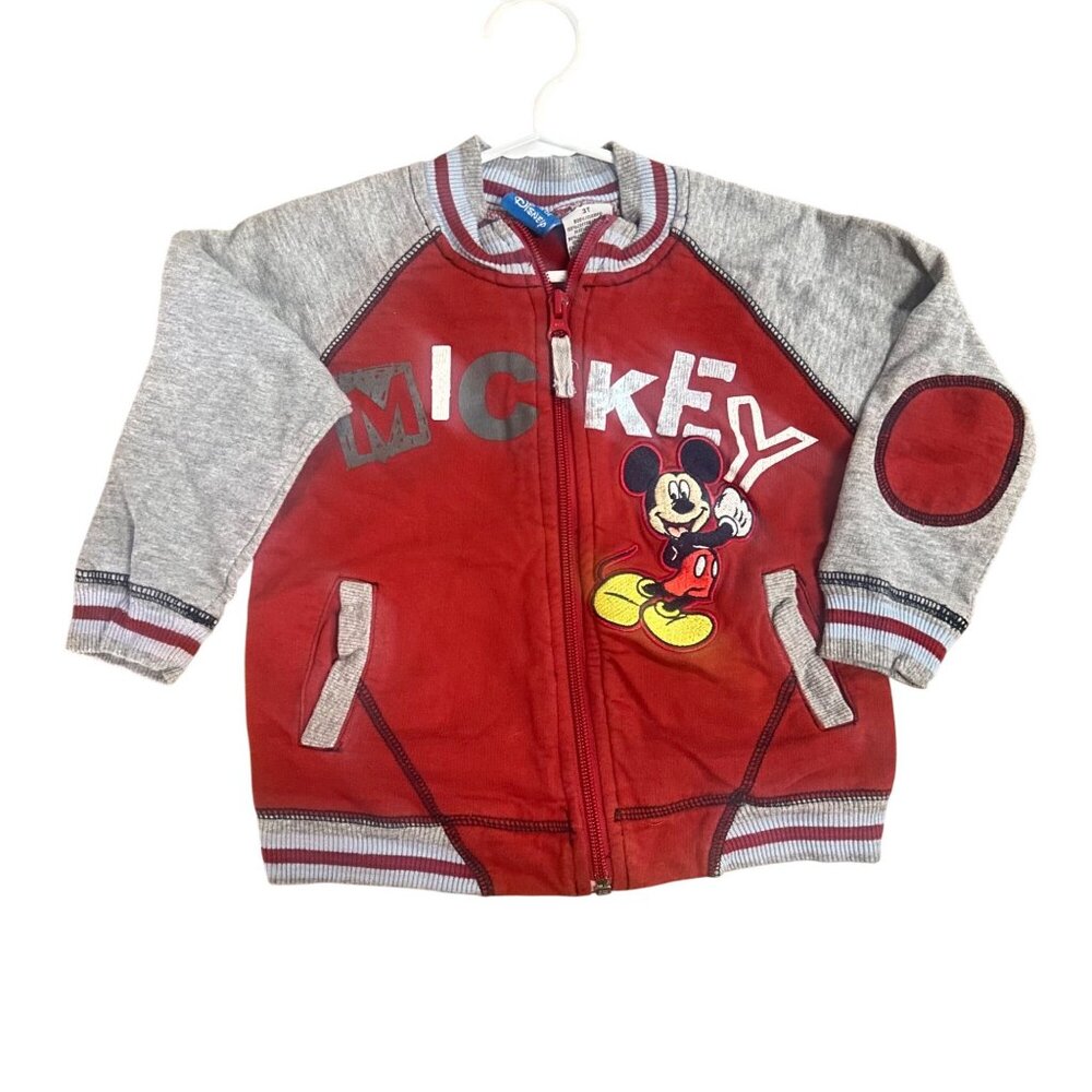Disney Mickey Mouse Red & Gray Zip-Up Jacket W/ Pockets & Elbow Patches Size 3T